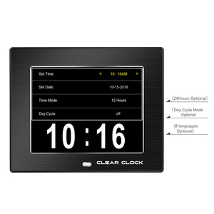 Clear Clock Digital Memory Loss Calendar Day Clock With Optional Day Cycle Mode Metal Frame (Black)