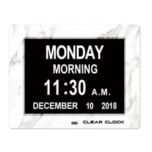 Load image into Gallery viewer, Clear Clock Digital Memory Loss Calendar Day Clock With Optional Day Cycle Mode (White Marble)