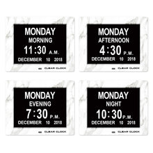 Load image into Gallery viewer, Clear Clock Digital Memory Loss Calendar Day Clock With Optional Day Cycle Mode (White Marble)