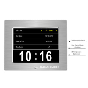 Clear Clock Digital Memory Loss Calendar Day Clock With Optional Day Cycle Mode Metal Frame (Silver)