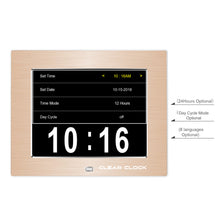Load image into Gallery viewer, Clear Clock Digital Memory Loss Calendar Day Clock With Optional Day Cycle Mode Metal Frame (Gold)