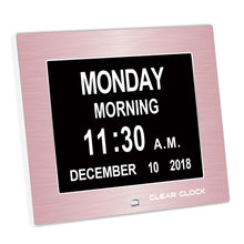 Load image into Gallery viewer, Clear Clock Digital Memory Loss Calendar Day Clock With Optional Day Cycle Mode Metal Frame (Rose)