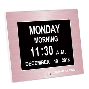 Clear Clock Digital Memory Loss Calendar Day Clock With Optional Day Cycle Mode Metal Frame (Rose)