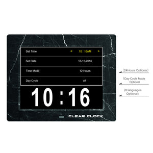 Clear Clock Digital Memory Loss Calendar Day Clock With Optional Day Cycle Mode (Black Marble)