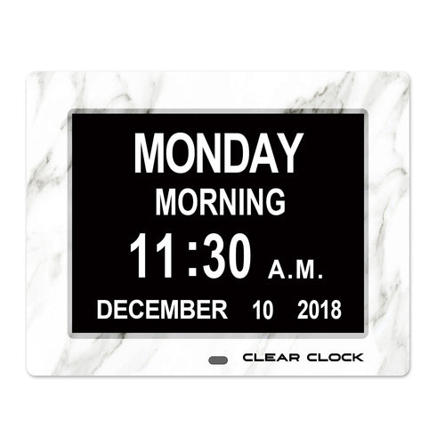 Clear Clock Digital Memory Loss Calendar Day Clock With Optional Day Cycle Mode (White Marble)