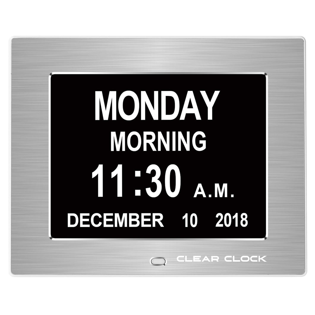 Clear Clock Digital Memory Loss Calendar Day Clock With Optional Day Cycle Mode Metal Frame (Silver)