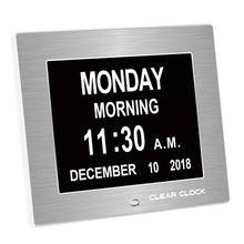 Load image into Gallery viewer, Clear Clock Digital Memory Loss Calendar Day Clock With Optional Day Cycle Mode Metal Frame (Silver)