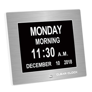 Clear Clock Digital Memory Loss Calendar Day Clock With Optional Day Cycle Mode Metal Frame (Silver)