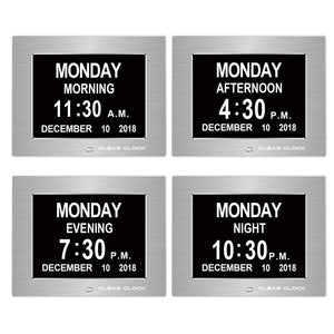 Clear Clock Digital Memory Loss Calendar Day Clock With Optional Day Cycle Mode Metal Frame (Silver)