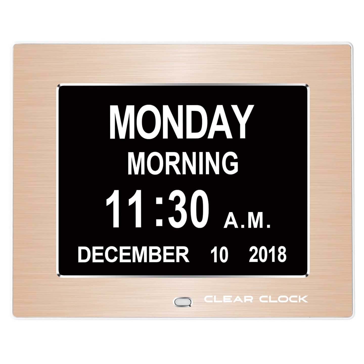 Clear Clock Digital Memory Loss Calendar Day Clock With Optional Day Cycle Mode Metal Frame (Gold)