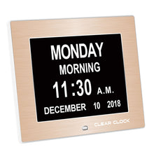 Load image into Gallery viewer, Clear Clock Digital Memory Loss Calendar Day Clock With Optional Day Cycle Mode Metal Frame (Gold)