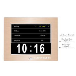 Clear Clock Digital Memory Loss Calendar Day Clock With Optional Day Cycle Mode Metal Frame (Gold)