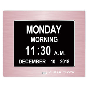 Clear Clock Digital Memory Loss Calendar Day Clock With Optional Day Cycle Mode Metal Frame (Rose)