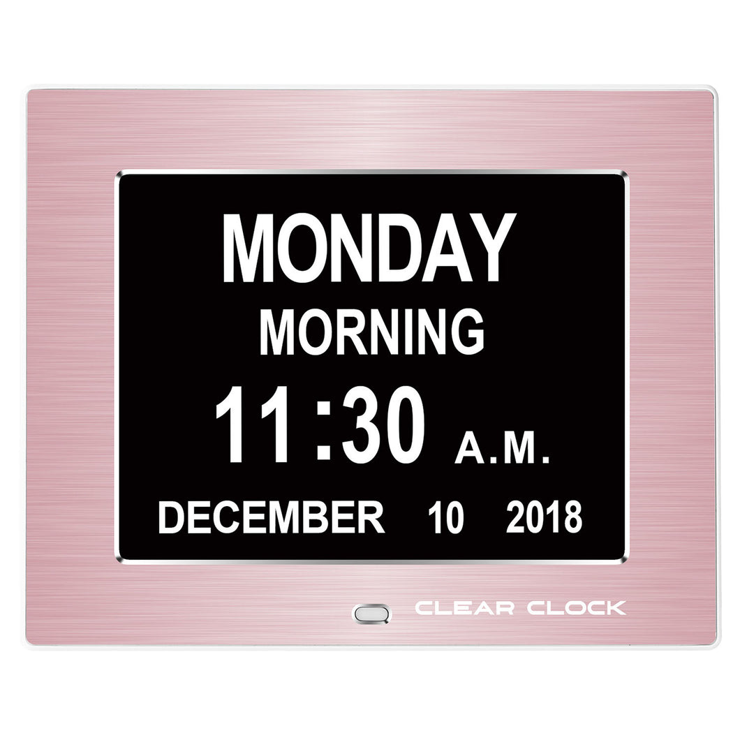 Clear Clock Digital Memory Loss Calendar Day Clock With Optional Day Cycle Mode Metal Frame (Rose)