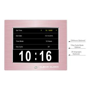 Clear Clock Digital Memory Loss Calendar Day Clock With Optional Day Cycle Mode Metal Frame (Rose)